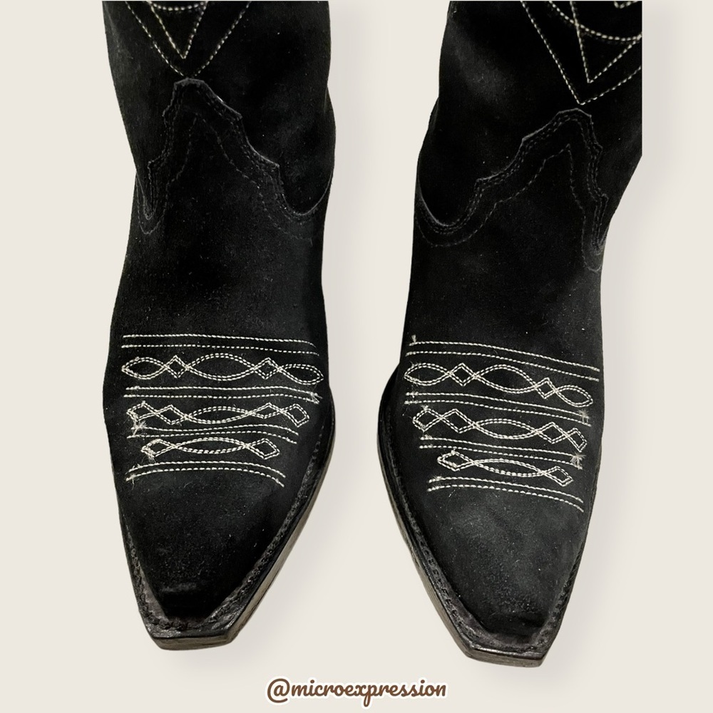 1980 Frye VINTAGE Black Suede Leather Embroidered Boho PullOn Heeled Cowboy Boot - Picture 7 of 14